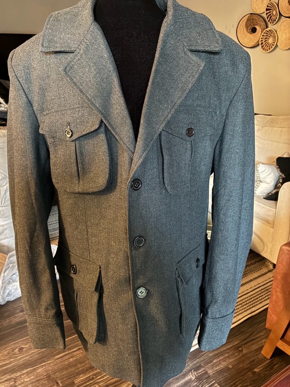 Men's Gray Herringbone Military-Style Field Jacket